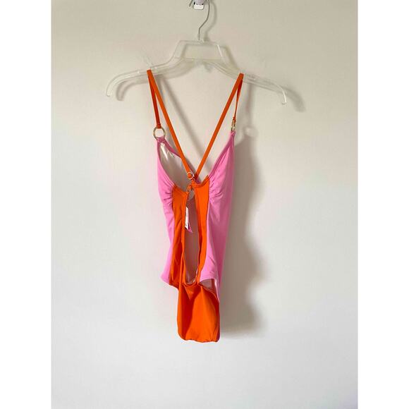 Kate Spade Color Block Gold One Piece Bathing Suit Pink Orange Medium NEW - Picture 4 of 7